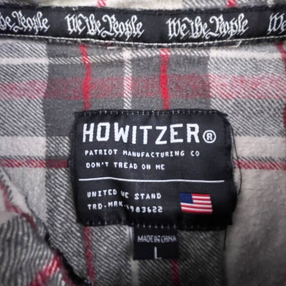 Howitzer Flannel Shirt Mens L Tan Gray Plaid Warrior USA Flag Military - Picture 4 of 12